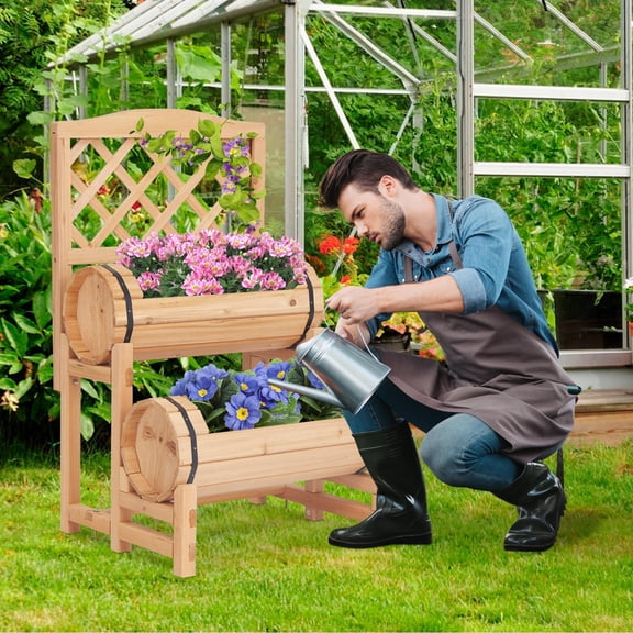 Wood Raised Garden Bed with Trellis for Climbing Plants Outdoor Planter Box Balcony Yard
