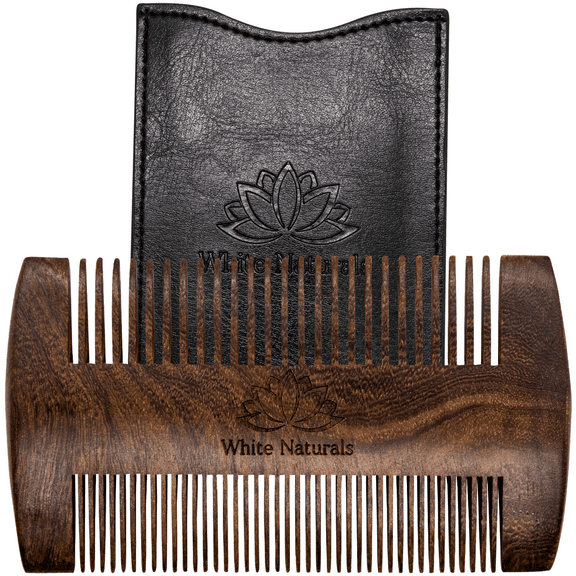Beard Comb for Men, Wooden Natural Sandalwood, Best Gift for Men, Fine Dual Action Teeth Premium Sandal Wood Comb Includes PU Leather Case