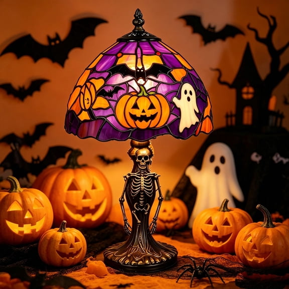 Halloween Tiffany Style Stained Glass Table Lamp, Skeleton Base Pumpkin Ghost Bat Pattern Colorful Glass Shade, Spooky Halloween Decorations, 6" tall