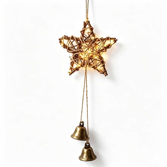 2026 Christmas Indoor Home Decor Rattan Woven Star Hanging Ornament With Warm LED Lights Bells Operated Star Wall Hanger For Front Door Window Christmas