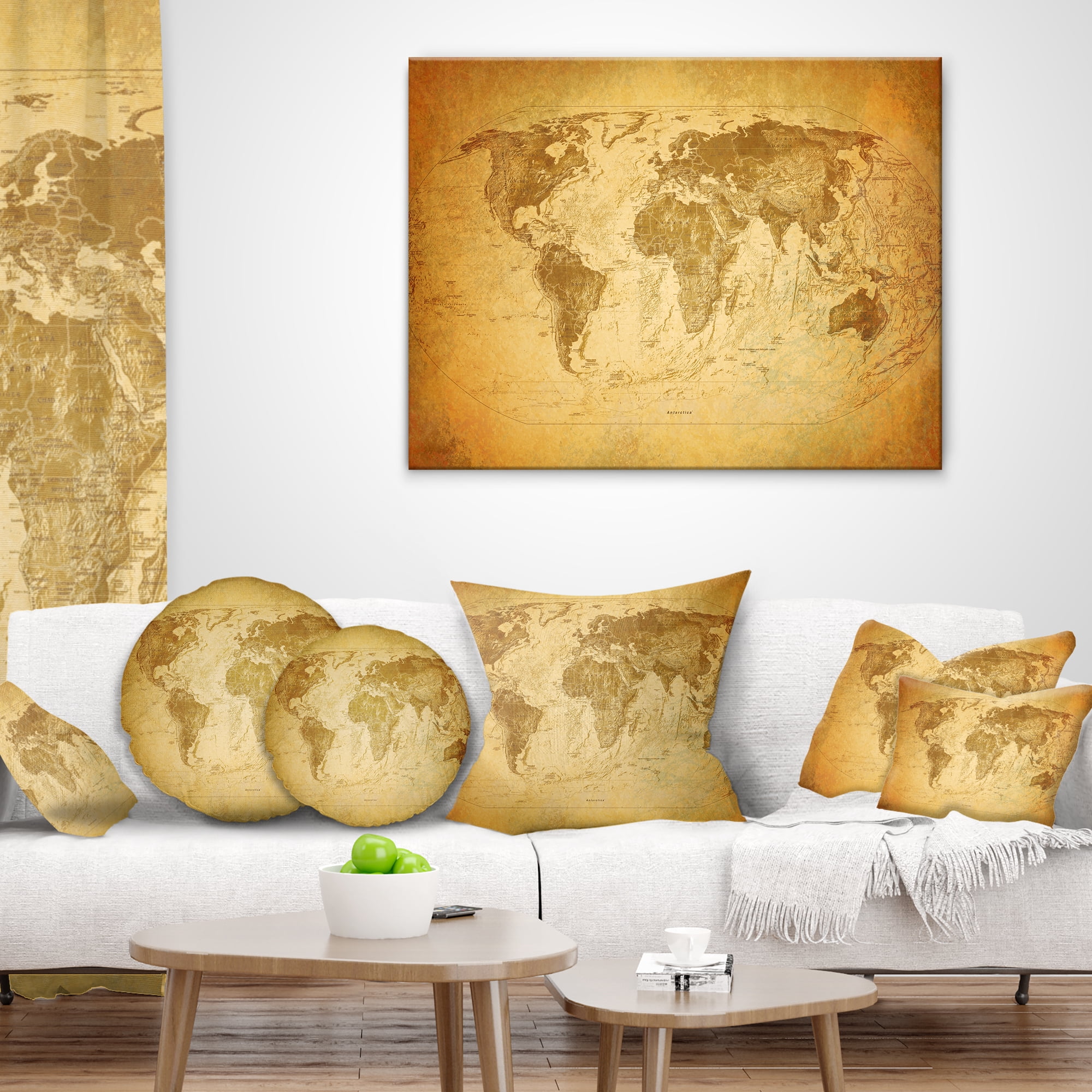 Designart Vintage Classic Map - Contemporary Throw Pillow - 18x18