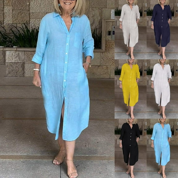 Miluxas Women Solid Color Short Sleeve Dress Buttons Down Side Slit Shirts Maxi Dresses Yellow XL(XL)