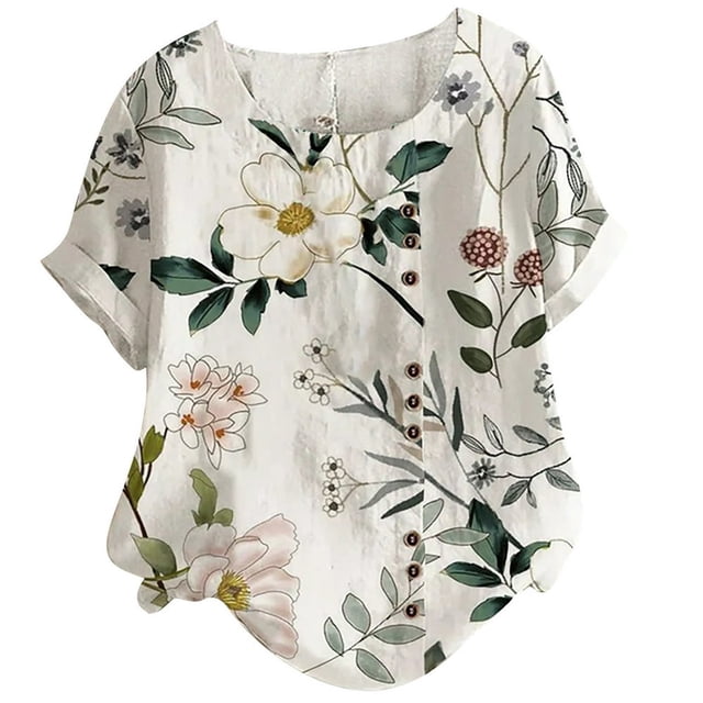 CHOK Hauts d'Été pour Femmes Tendance Lin Coton Confortable Manches Courtes Chemises Habillées Blouses Col Rond Hauts d'Été 2024 Imprimé Floral T-Shirts Décontractés Tunique Plus