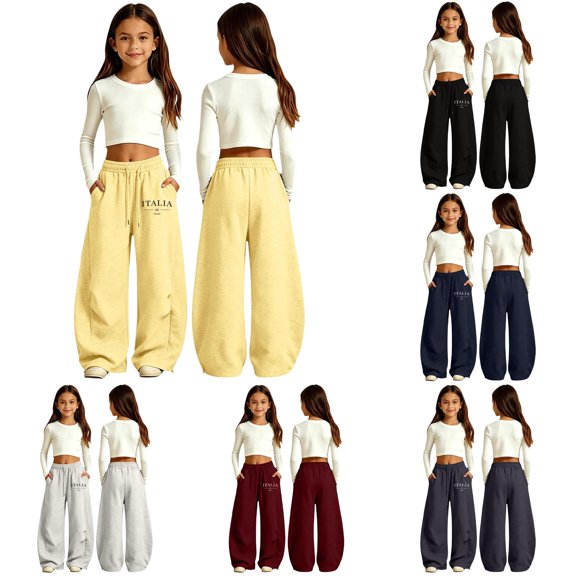 RMGVDSD Girls Wide Leg Sweatpants Drawstring Elastic Waist Casual Baggy Athletic Pants Relaxed Fit Trousers Joggers Back to School Pants 5-6 Years
