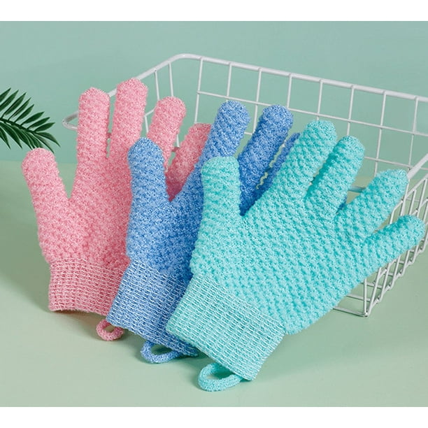 Guantes exfoliantes para ducha, guantes de baño medianos a pesados, gel de baño, eliminación de piel muerta, esponja de limpieza profunda, lufa para mujeres y hombres, 3 pares, rosa, azul y verde brillar Electrónica