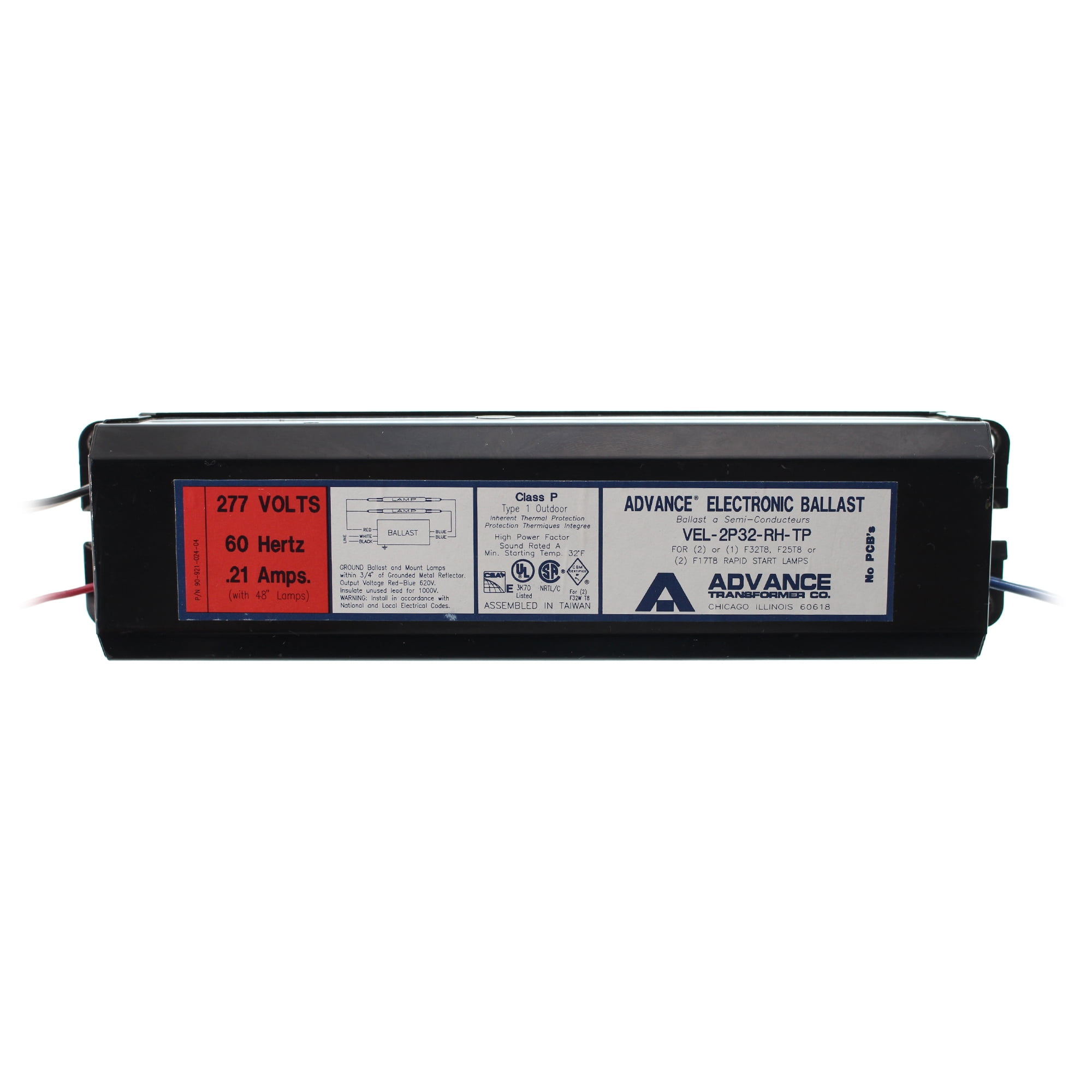 Advance VEL2P32RHTP Electronic Fluorescent Ballast, 2Lamp, T8 F32T8 32W, 277V