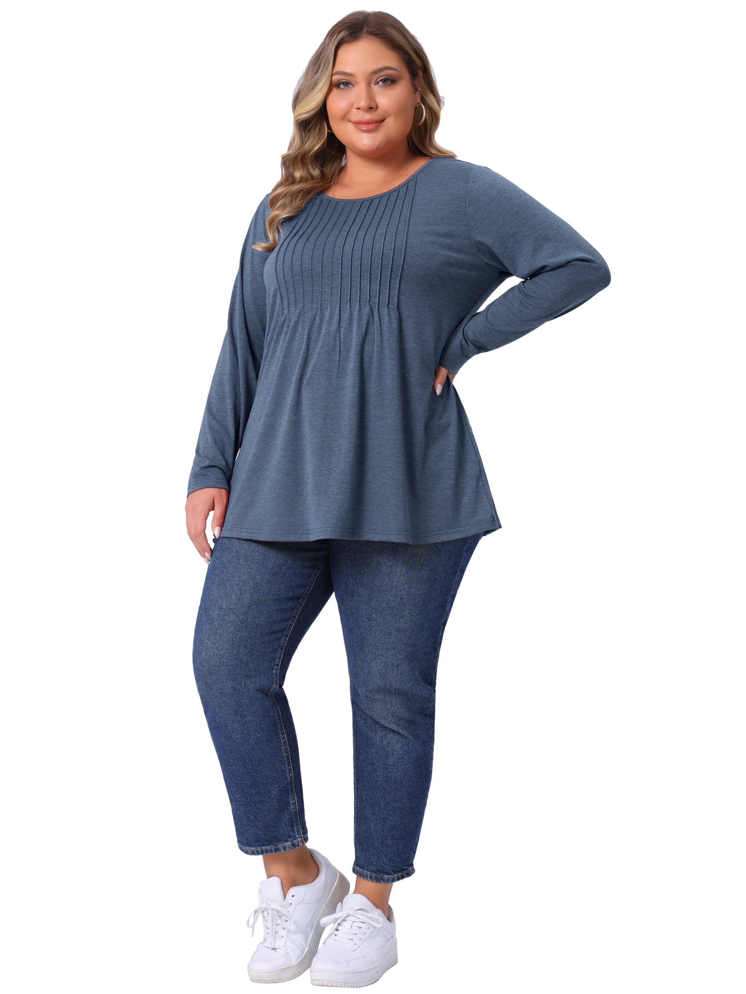 DARING DIVA Women's Plus Pleated Blouses Crew Neck Soft T-Shirt 1X Navy Blue