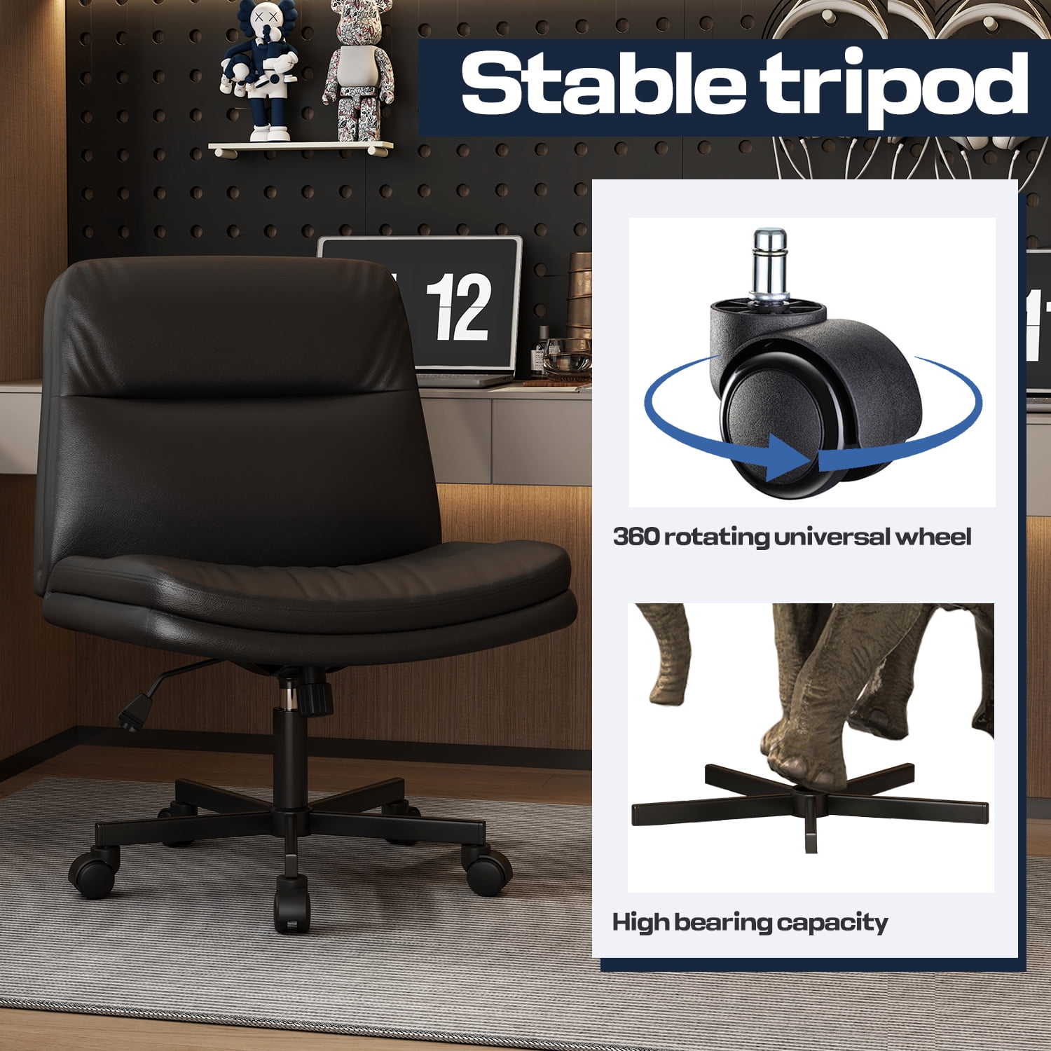 Cross Legged Office Chair, Wide Seat Ergonomic Home Office Desk Chair with Wheels Swivel Computer Chair for Vanity, Black