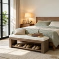 thumbnail image 5 of TRIBEWOOD 55 Inch Upholstered Bedroom Bench with Teddy Fleece Cushion, Farmhouse Solid Wood End of Bed Bench with Storage Shelf, 5 of 6