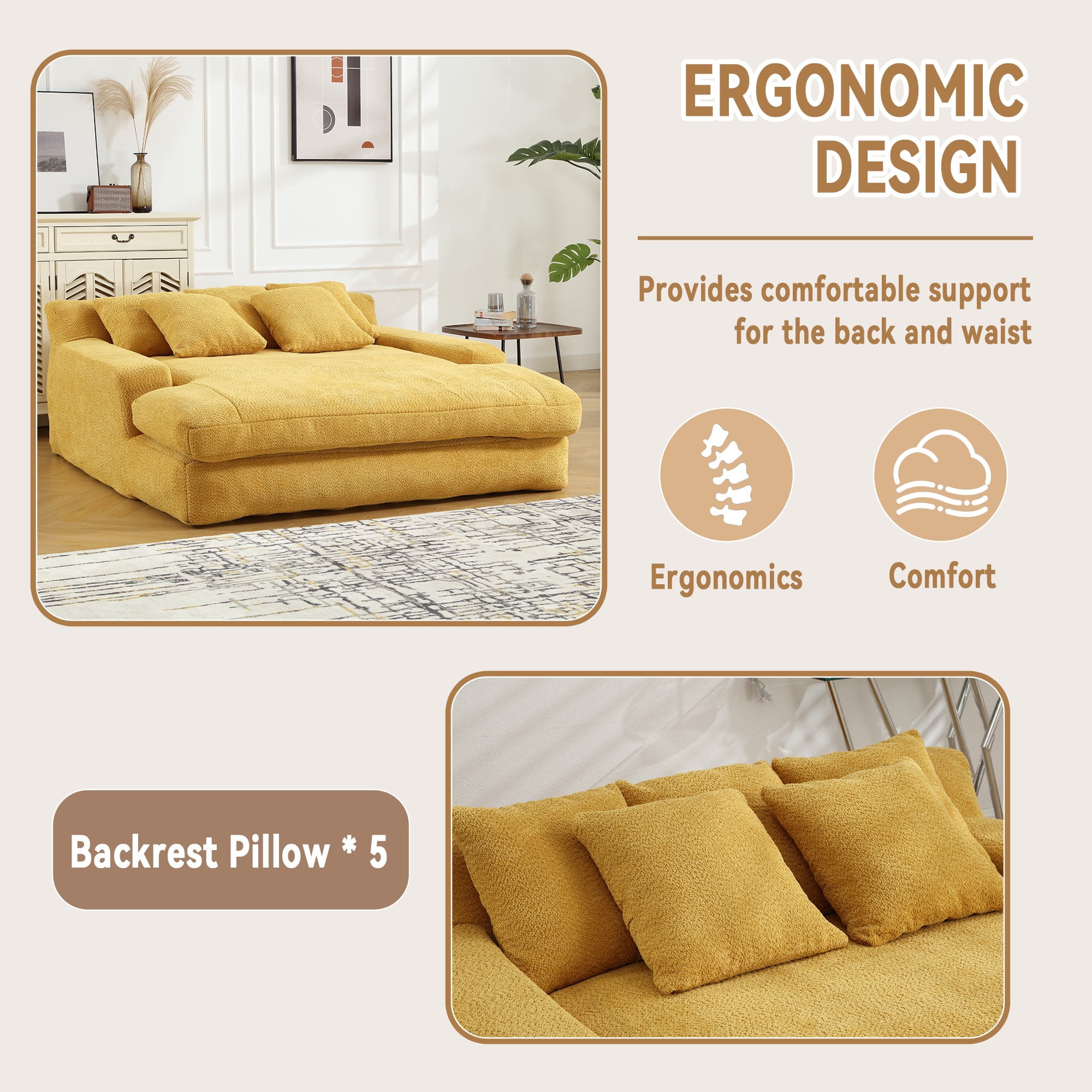 MOONMISS Chenille Upholstered 2-seater Deep Seat Lazy Sofa Bed with 5 Back Pillows-Yellow
