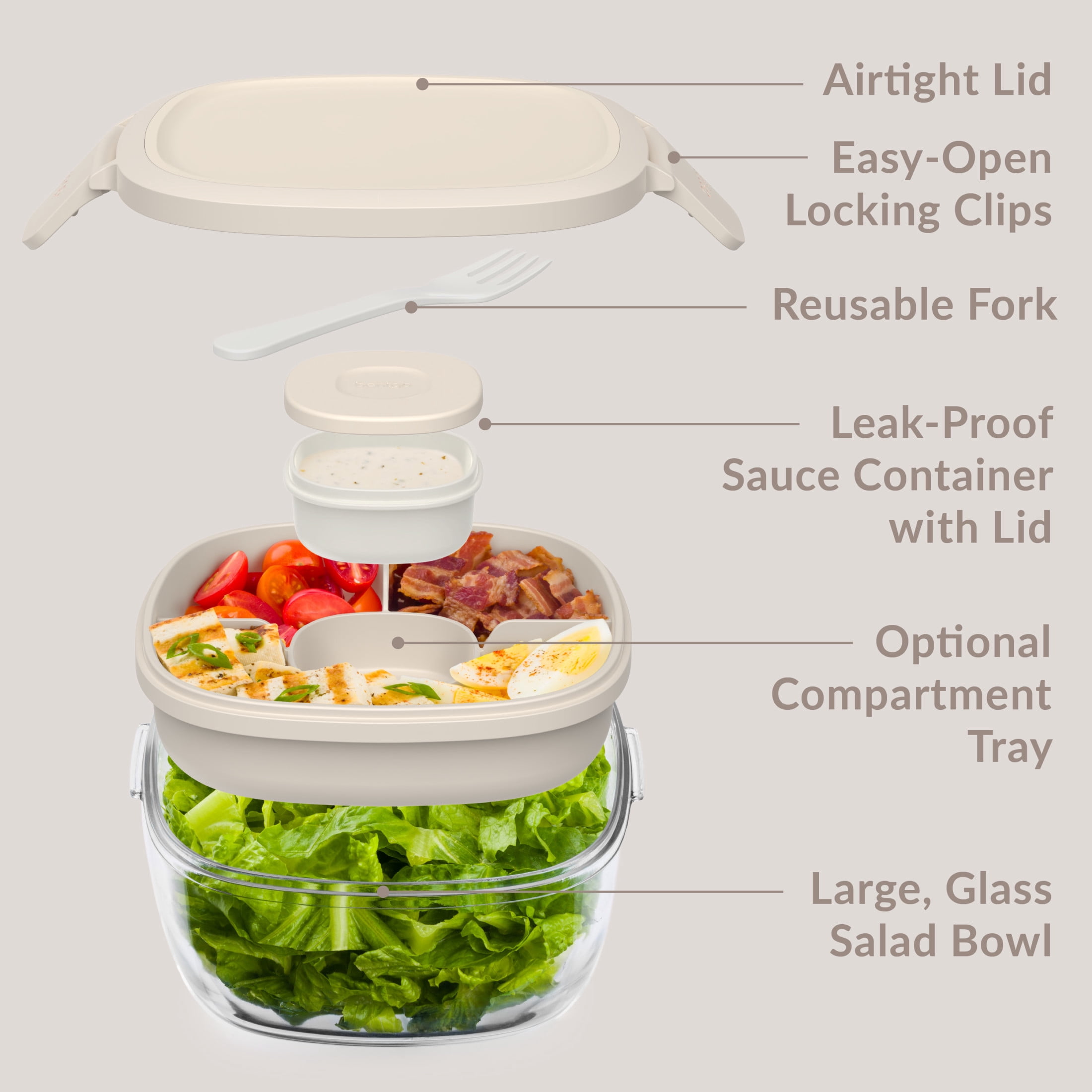Bentgo® Glass All-in-One Salad Container - Large 61-oz Salad Bowl with Lid, 4-Compartment Bento-Style Tray, Sauce Container & Fork - Dishwasher, Microwave, and Oven Safe - White Stone Tan