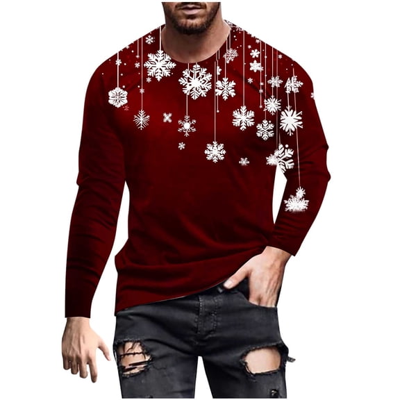 SERTG Men's Christmas Print Sports Shirt Long Sleeve Round Neck Casual Fashion Top Men Blouses Shirts Men's Christmas Tops(Wine,2XL)