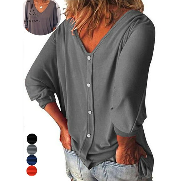 GustaveDesign Womens Plus Size V Neck Loose Blouse 3/4 Sleeve Back Buttons T Shirts Casual Solid Tops For Summer Fall "Gray, XL"