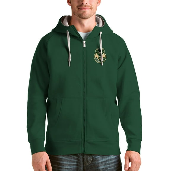 Men's Antigua Hunter Green Milwaukee Bucks Logo Victory Full-Zip Hoodie