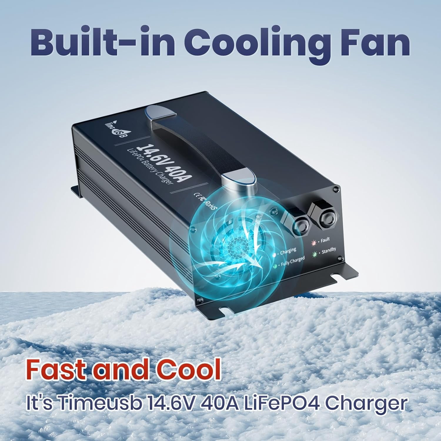 Timeusb 14.6V 40A Fast Charging LiFePO4 Battery Charger with 40A Large Output Current, Smart Activation Function Lithium Battery Charger with LED Indicator & Wire Lugs, Wall Mounted Design