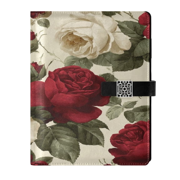 9.2x6.7 inch Leather Notebook 100 Sheets, Multi-Pocket Design & Pen Loop Red and White Roses Refillable Journal Organizer