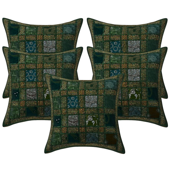 Stylo Culture Indian Couch Throw Pillow Covers 16 x 16 Patchwork Embroidered Dark Green Sequins 40x40 cm Home Decor Cotton Geometric Square Cushion Covers | Set Of 5