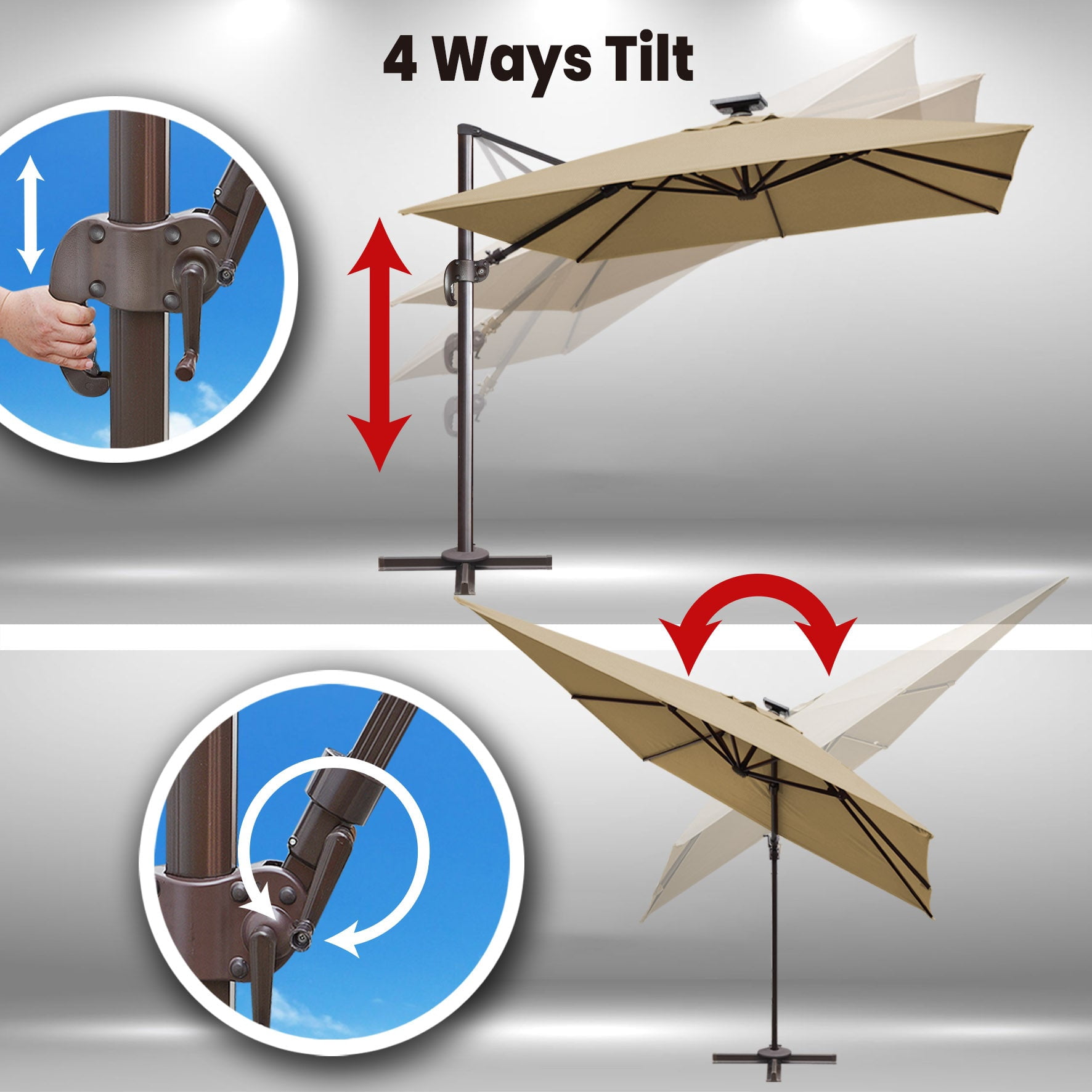SUNRISEUMBRELLA Square 10'x10' Deluxe Roma square cantilever umbrella, With LED light(Heather Beige)