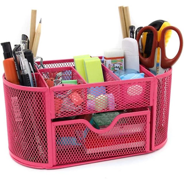 Organizador de suministros de escritorio Papelería multifuncional Caddy Mesh Portalápices ovalado Escritorio Suministros de oficina Organizador 9 compartimentos con cajón Rosy 1pc LingWen 8390605486913