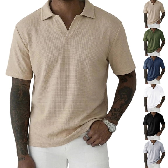 RongHuan Mens Casual T-Shirts Short Sleeve Textured Knit V Neck Shirt Casual Golf Shirts Stylish Solid Color Tops