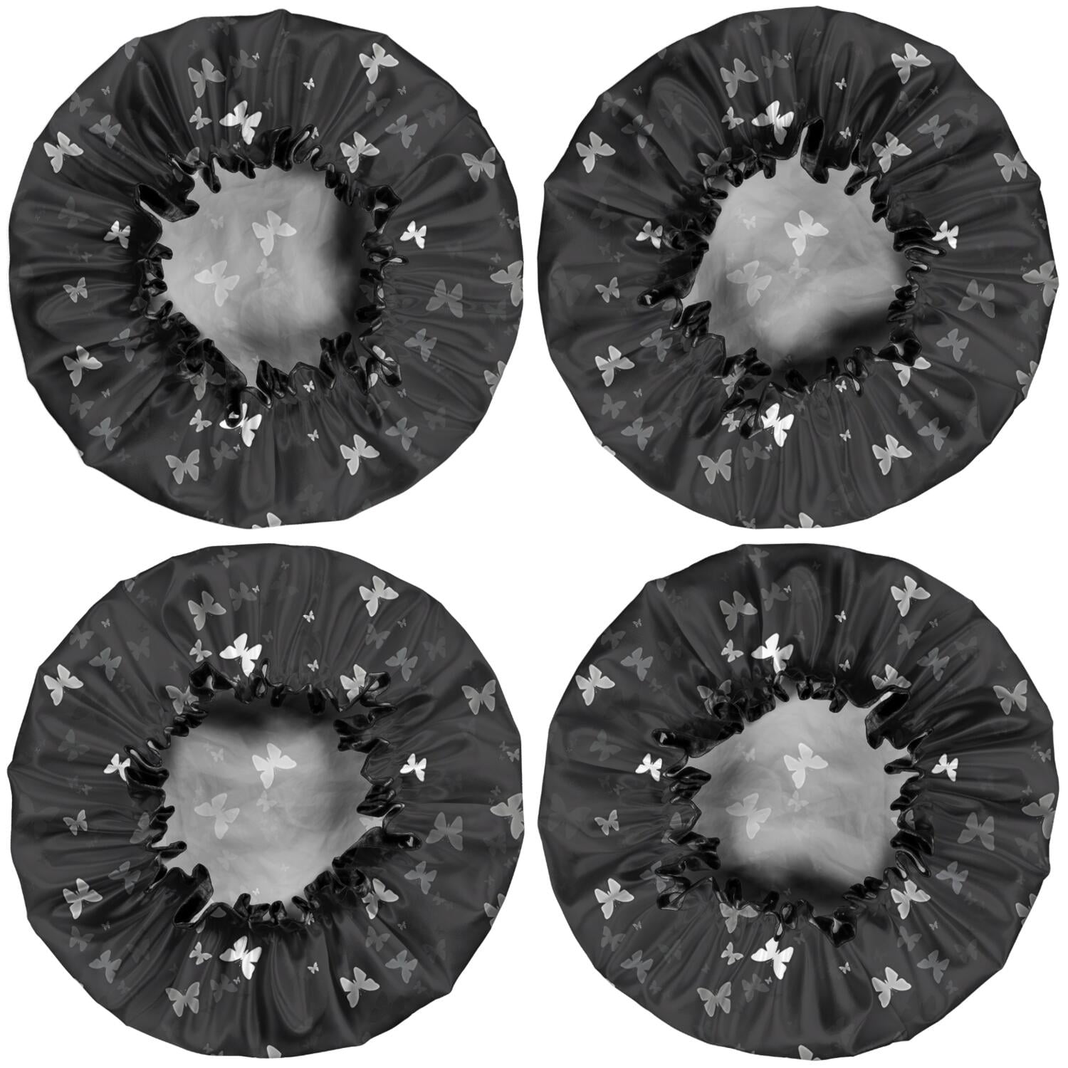 Shower Caps,Black Gray Butterfly Pattern Waterproof Shower Cap for Women 4 Pieces,Double Reusable Hair Cover for Shower PEVA Elastic Stretch Hem