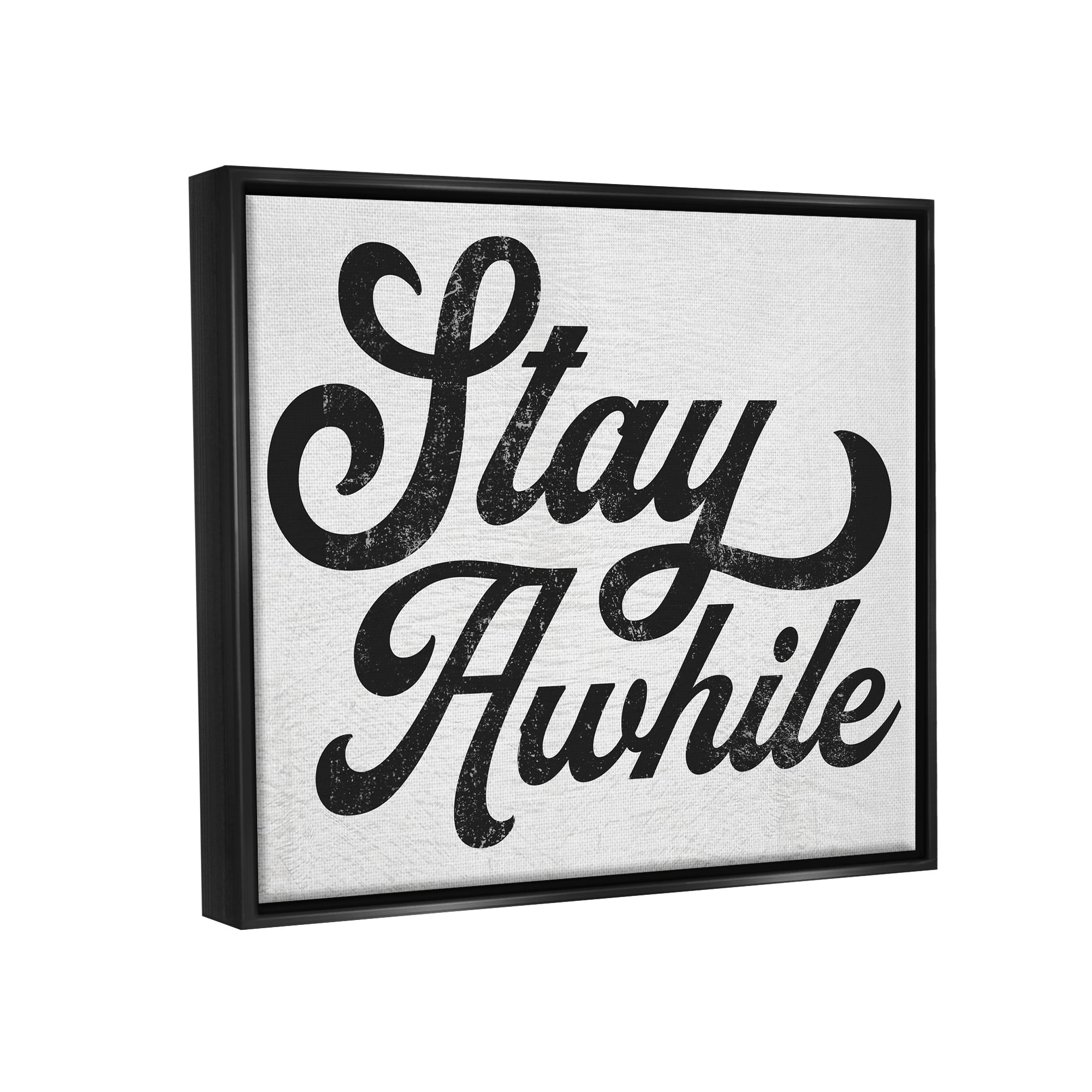 Stupell Industries Stay Awhile Retro Text Casual Vintage Phrase Graphic Art Metallic Gold Floating Framed Canvas Print Wall Art, Design by Daphne Polselli