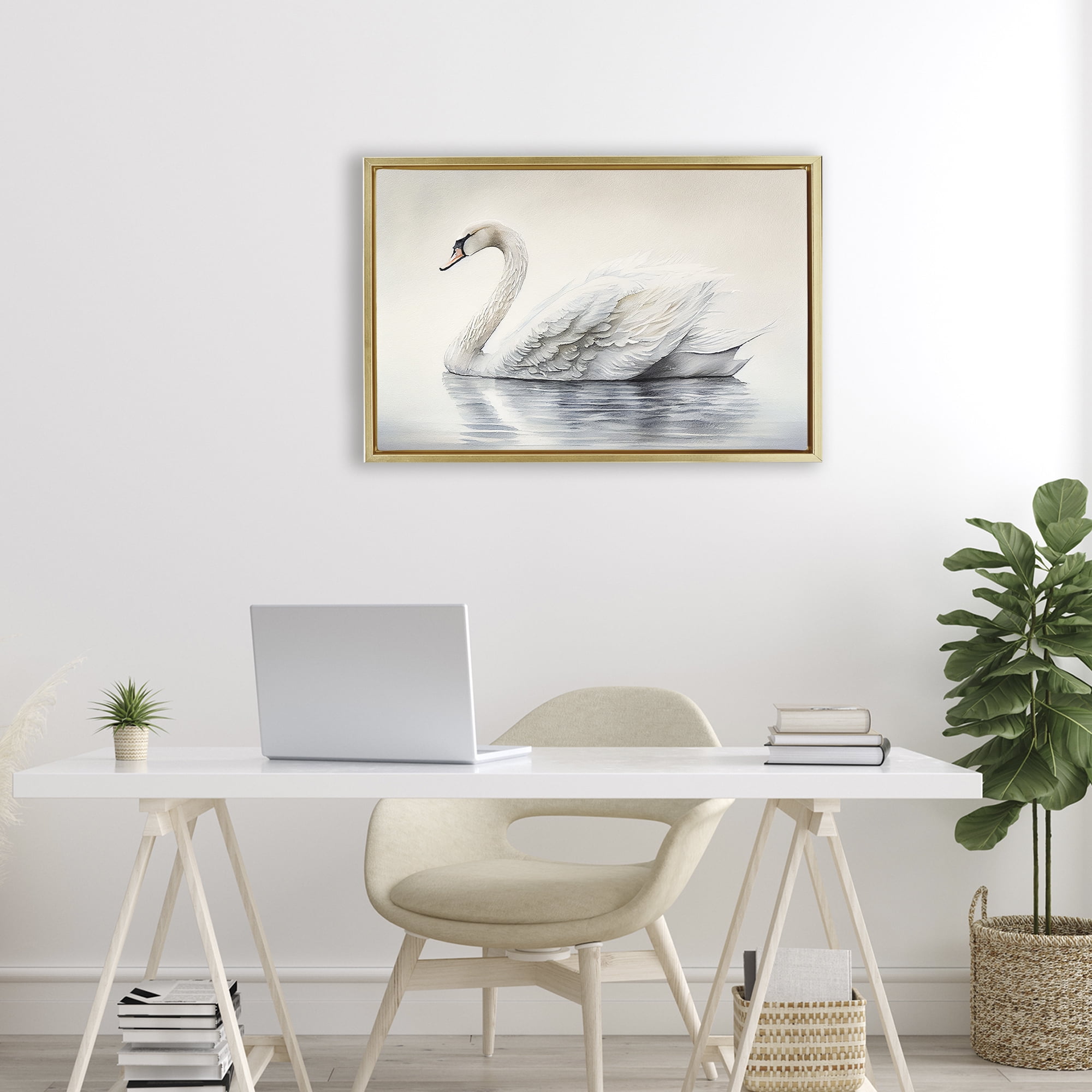 Elegant Floating Swan Gold Framed Floater Canvas Wall Art, design by Sasha