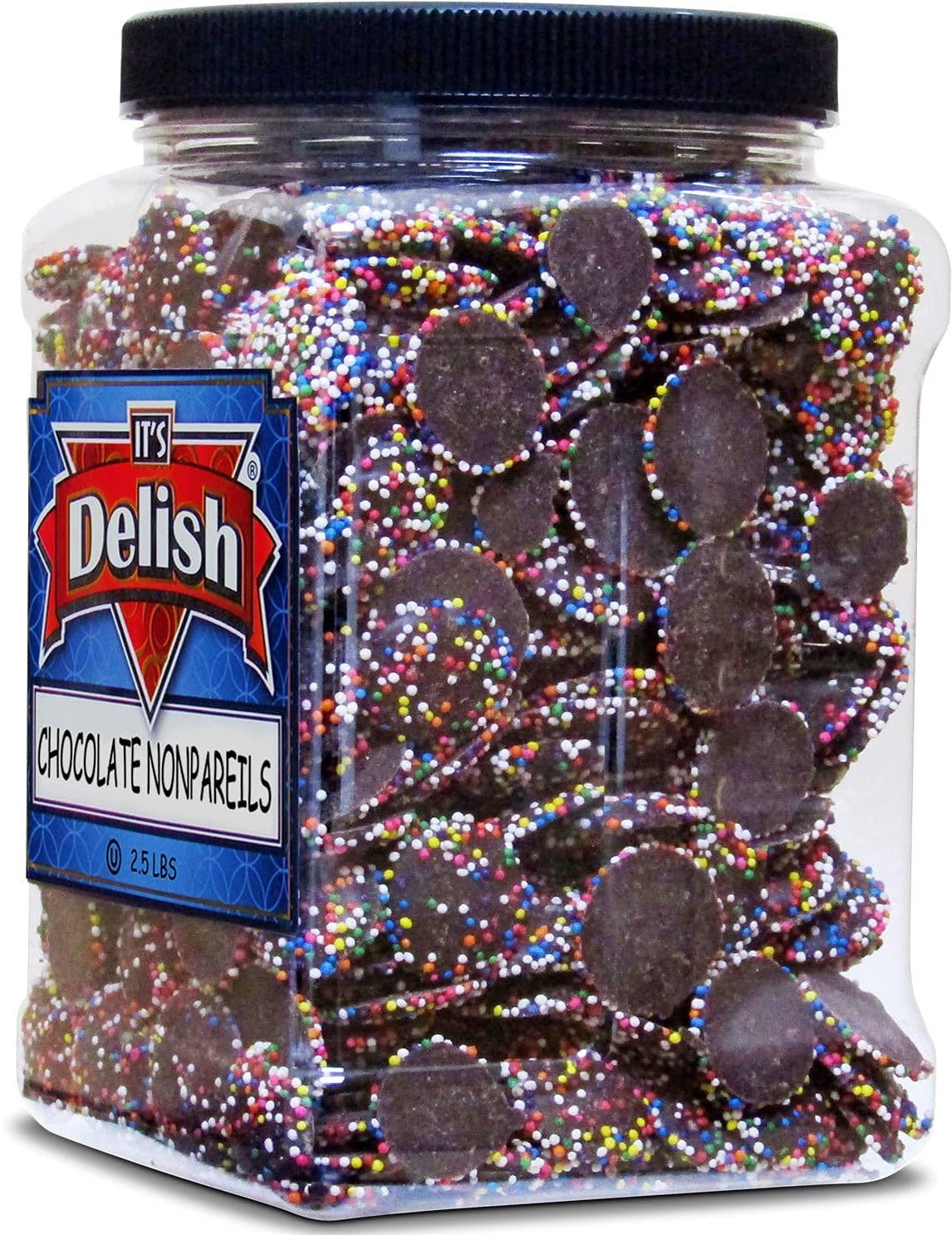 Rainbow Nonpareils Coated Dark Chocolate Discs by It's Delish, 2.5 Lbs Jumbo Container  Great Birthday & Christmas Gift, Chocolate Party Snacking Nonpareil Food Decor  Vegan, Certified Kosher Parve