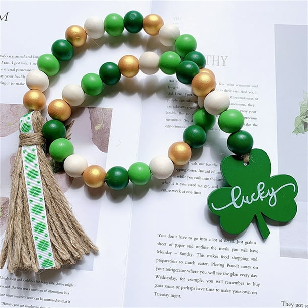 Garland Beads Saint Patricks Day Decorations, Tiered Tray Fireplace Living Room, Green Pendant Tassel Farmhouse Style, Wood Bead Garland for Dorm Bedroom, Large Green Beads for St Patricks