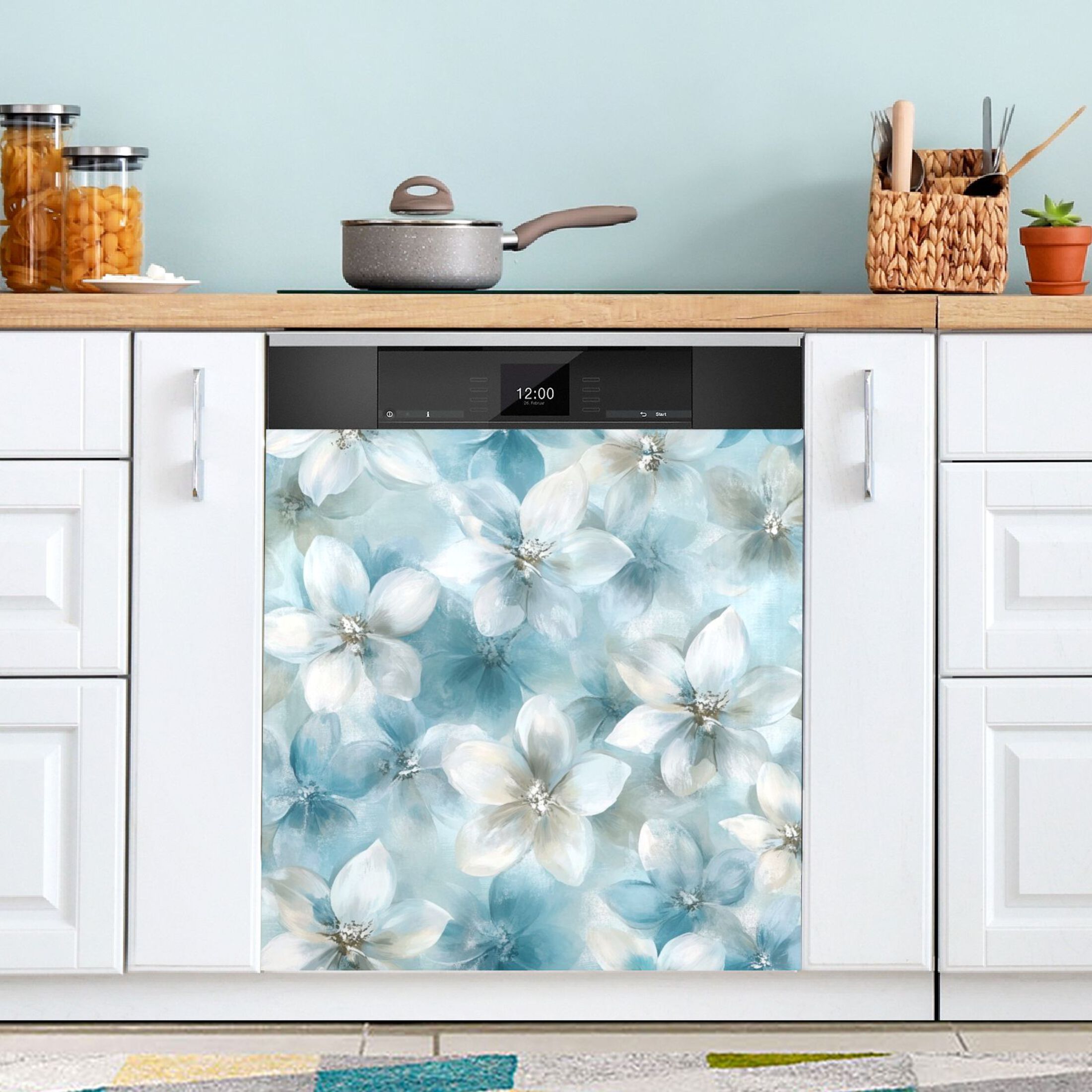 Dishwasher Magnetic Sticker 23x26 Inch Refrigerator Magnetic Sticker Washing Machine Magnetic Sticker Kitchen Panel Magnetic Sticker Home Decor Cute Blue Flowers