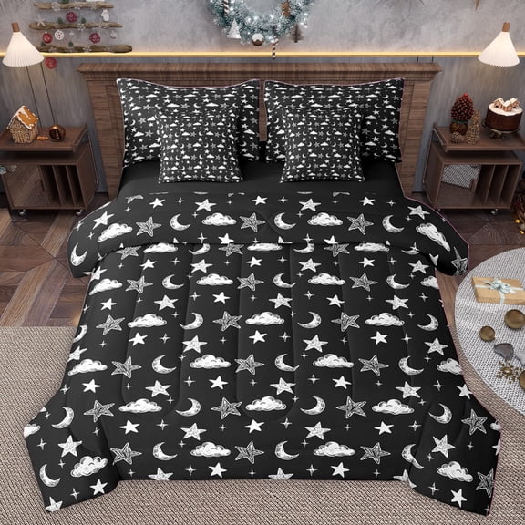 Homewish Kids Children Stars Print Twin Bedding Sets 7-Piece,Starry Sky Bedding Comforter Set Microfiber,Black White Breathable Sheet Sets,Luxury Bedroom Decor,Reversible