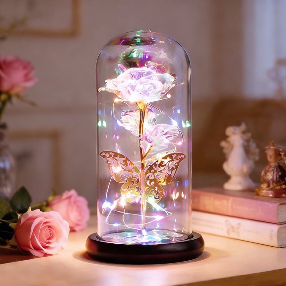 Mother's Day Gifts, Valentine's Day Gifts for Women, Light up Rose in Dome with Butterfly, Birthday Present for Her, Eternal Floral Gift for Wife Mom Grandma Sister