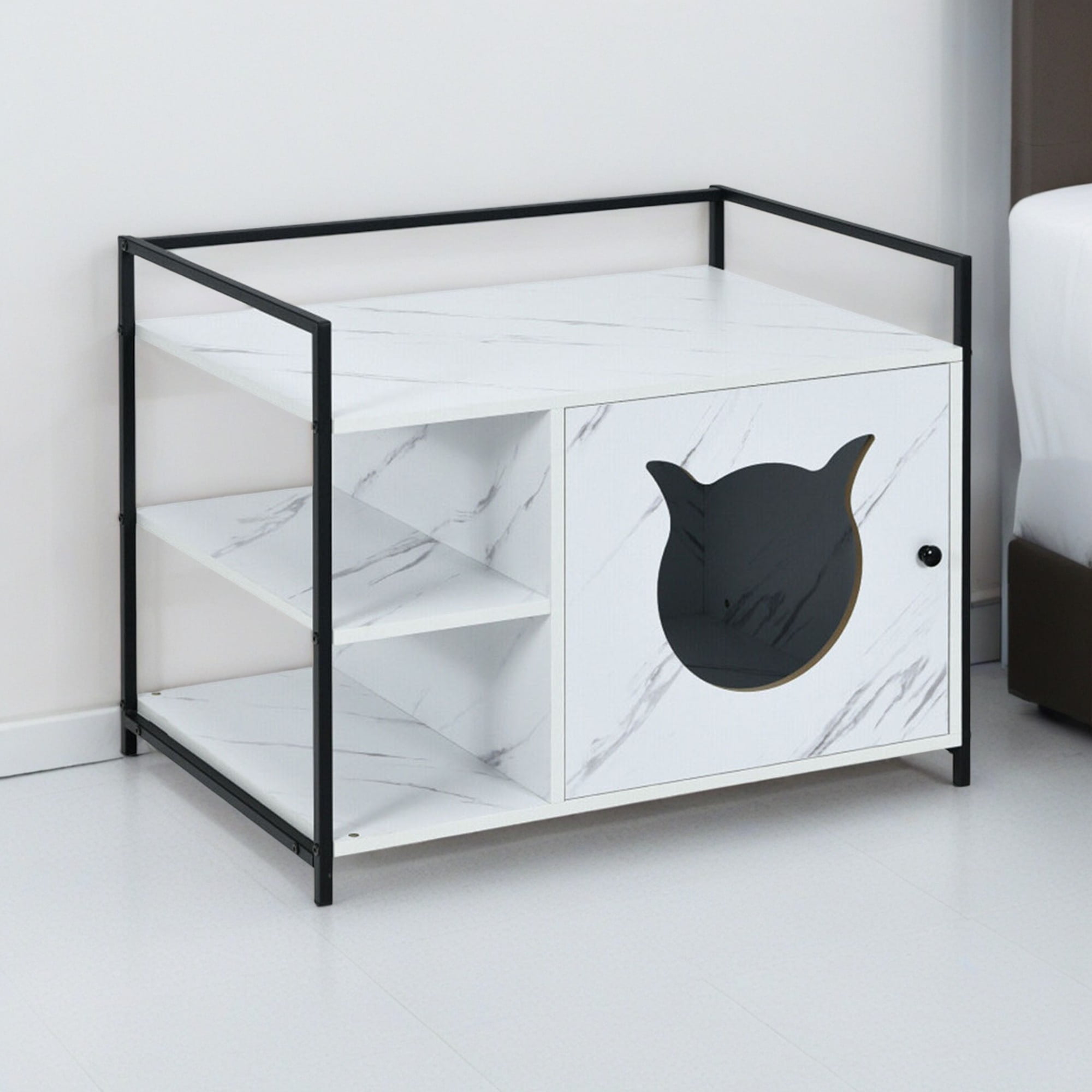 Kadyn 30" Hidden Cat Litter Box Enclosed Furniture, Indoor Wood Cat House with Iron Sturdy Structure, White