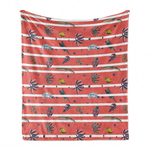 Jungle Soft Flannel Fleece Throw Blanket, Natural Illustration Different Tropical Leaves Motif on Pink Striped Background, Cozy Plush for Indoor and Outdoor Use, 70" x 90", Multicolor, by Ambesonne