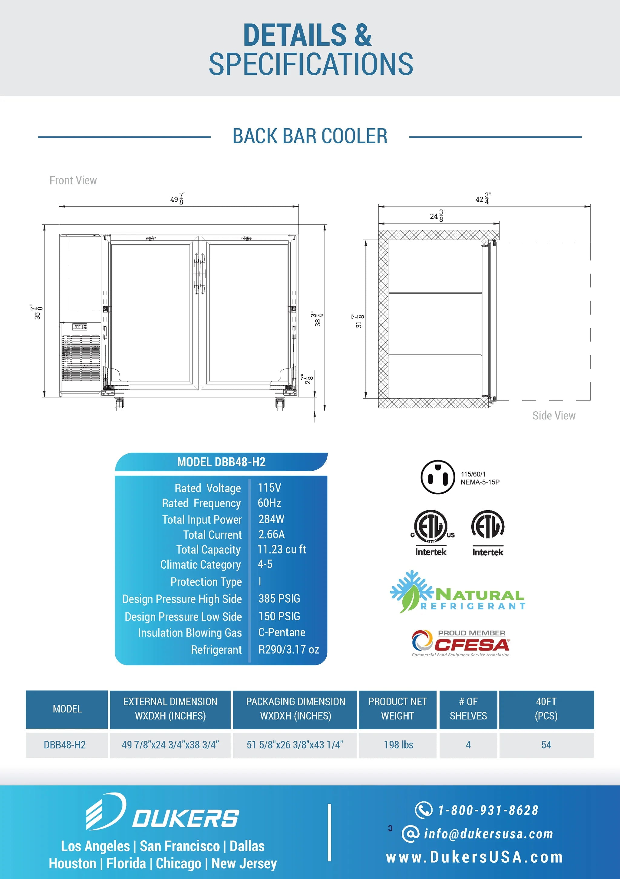 DBB48-H2 2-Door Bar and Beverage Cooler (Hinge Doors)