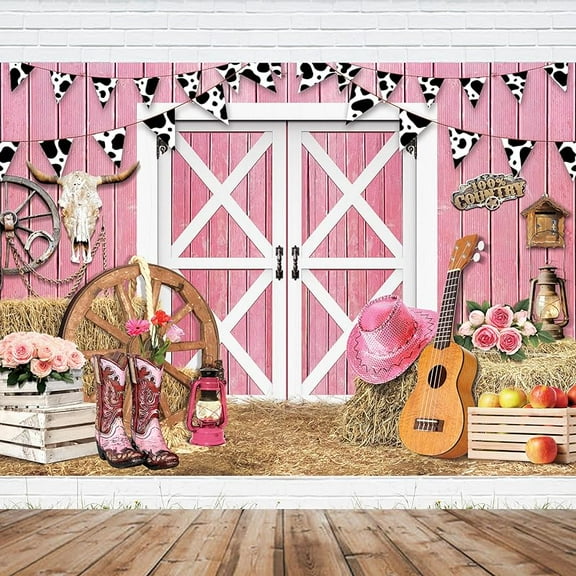 Pink Cute Cowgirl Backdrop Cowboy or Cowgirl Western Baby Shower Polyester Fabric Rustic Wooden Floral Flower Photography Backgrounds Photo Shoot Decor Props Decoration