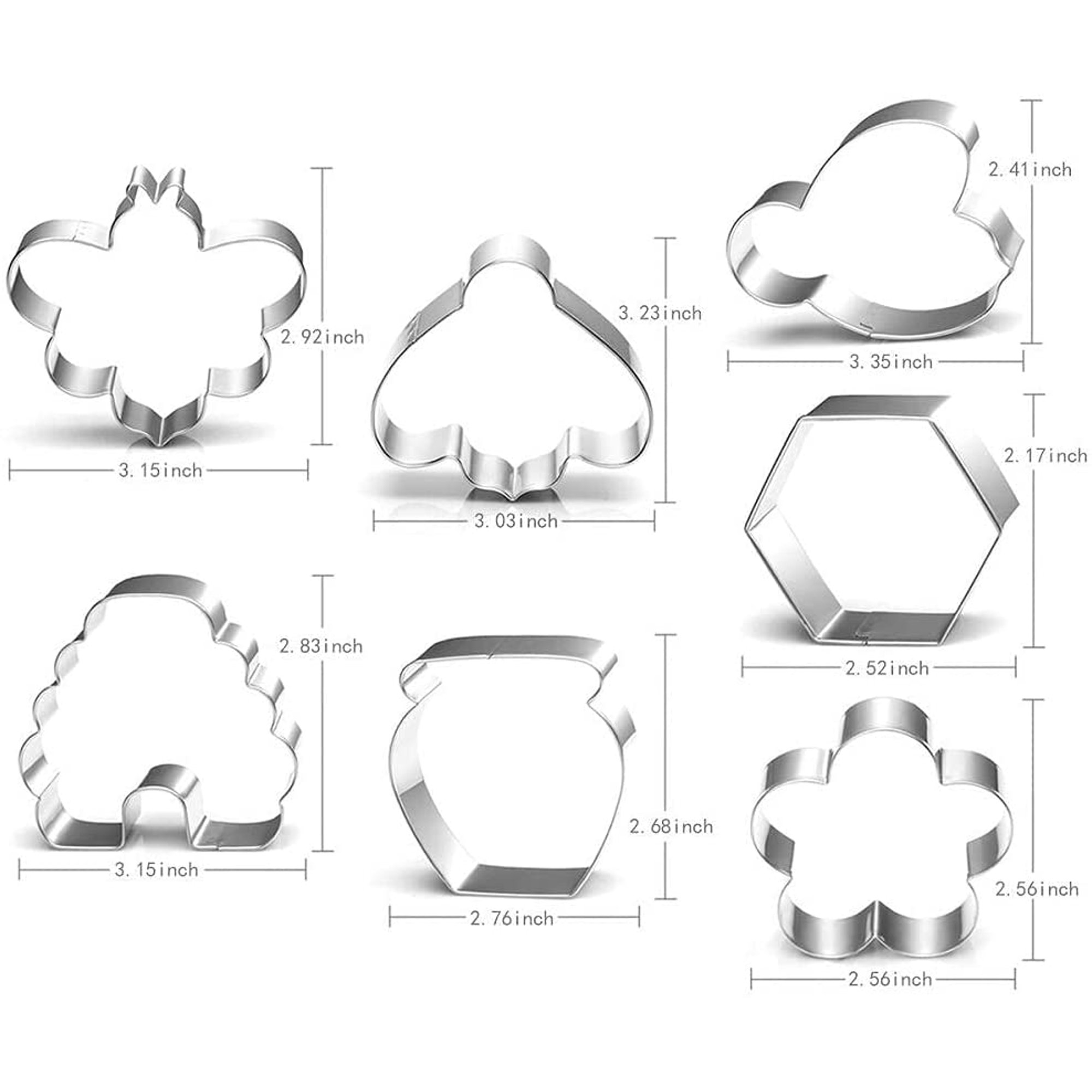 Bee Cookie Cutters Set Of 7 - 3 Inch Stainless Steel Shapes (Bee, Hive, Honeycomb, Jar, Flower) For Baking & Parties