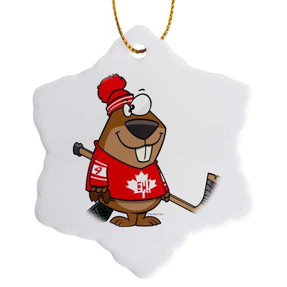 3drose, Silly Canadian Hockey Beaver, 3 inch Snowflake Porcelain Ornament