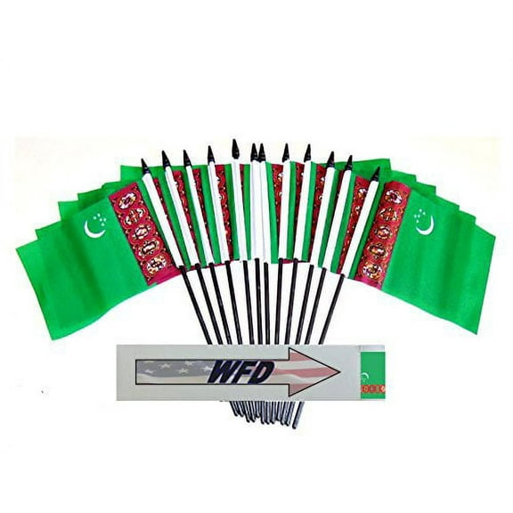 Pack of 12 4"x6" Turkmenistan Polyester Miniature Office Desk & Little Table Flags, 1 Dozen 4"x 6" Turkmen Small Mini Hand Waving Stick Flags