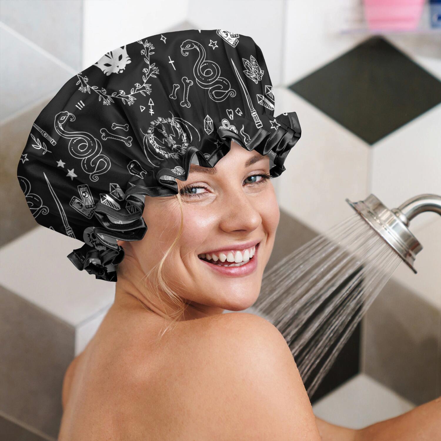 Shower Caps,Black Gothic Skull Cat Pattern Waterproof Shower Cap for Women 4 Pieces,Double Reusable Hair Cover for Shower PEVA Elastic Stretch Hem