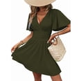 thumbnail image 2 of Women'S Ruched V Neck High Waist Casual Short Sleeve A-Line Dress Green S, 2 of 9