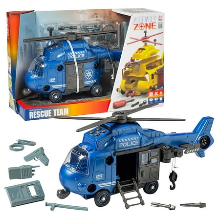 Fun Express 12 1/2" x 6" Light-Up Blue Police Rescue Team Plastic Helicopter with Sound - 7 Pieces