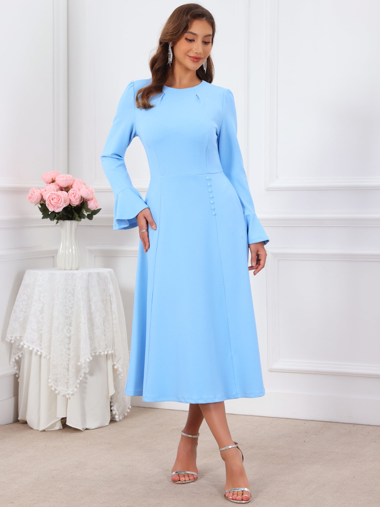 DARING DIVA Women's Formal Bell Sleeve Crewneck A-Line Pockets Dress M Sky Blue
