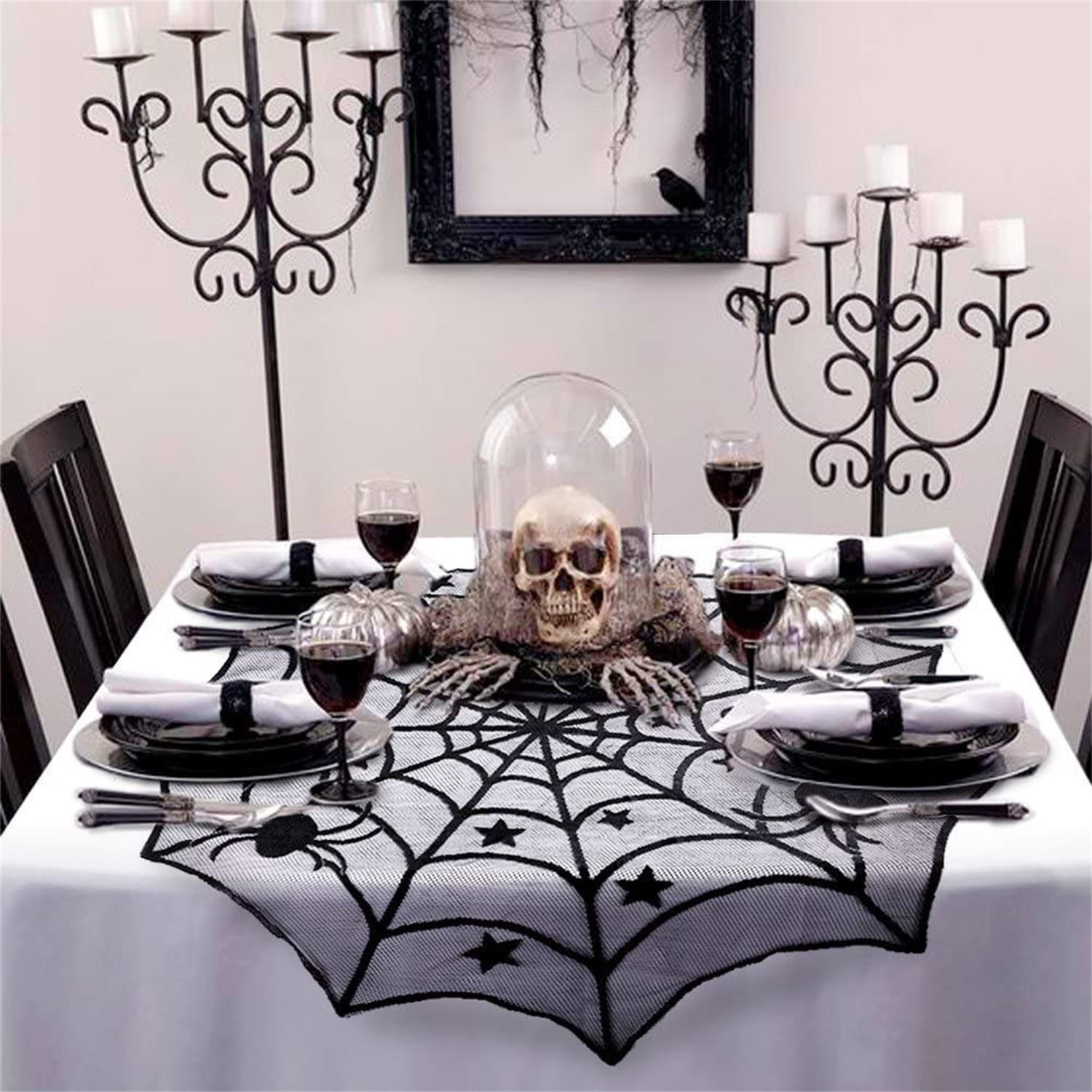  ZeeDix 39 Pcs Halloween Decorations Kit Black Lace Spiderweb  Round Tablecloth Table Runner, Giant Spider Cobweb Fireplace Scarf with  36PCS Scary 3D Bats Wall Stickers for Halloween Party Decor : Home