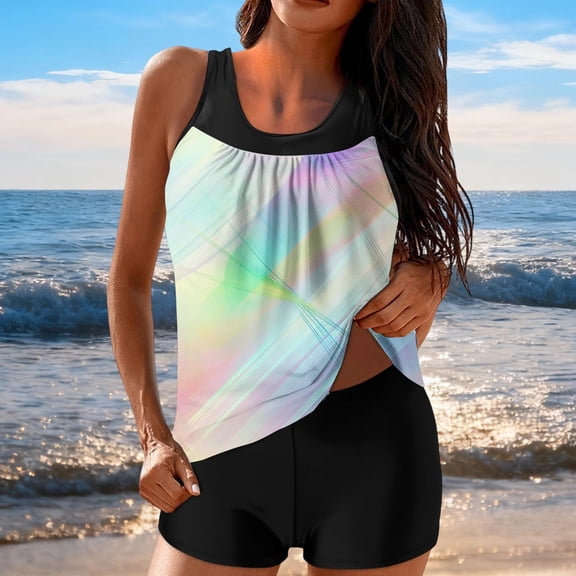 pstuiky Women's Swimsuits Print Crew Neck High Waist Adaptable Two Piece Bathing Suits Swim Dress Tankinis with Boy Shorts Swim Suit Women