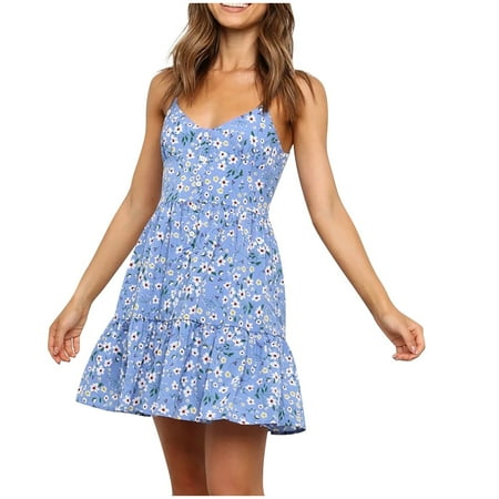 

Wedding Guest Dresses for Women White Dress Women Fashion Women Loose Fit Spring and Summer Suspende Print Sleeveless Dress Savings Clearance Prom Dresses Prom Dresses for Teens Blue L