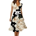 thumbnail image 1 of MAWCLOS Robe Midi Longue pour Femme à Imprimé Floral, Robes de Fête pour les Vacances, Col en V, Robe d'Été de Plage Décontractée à Manches Courtes, Abricot, TG, 1 of 2
