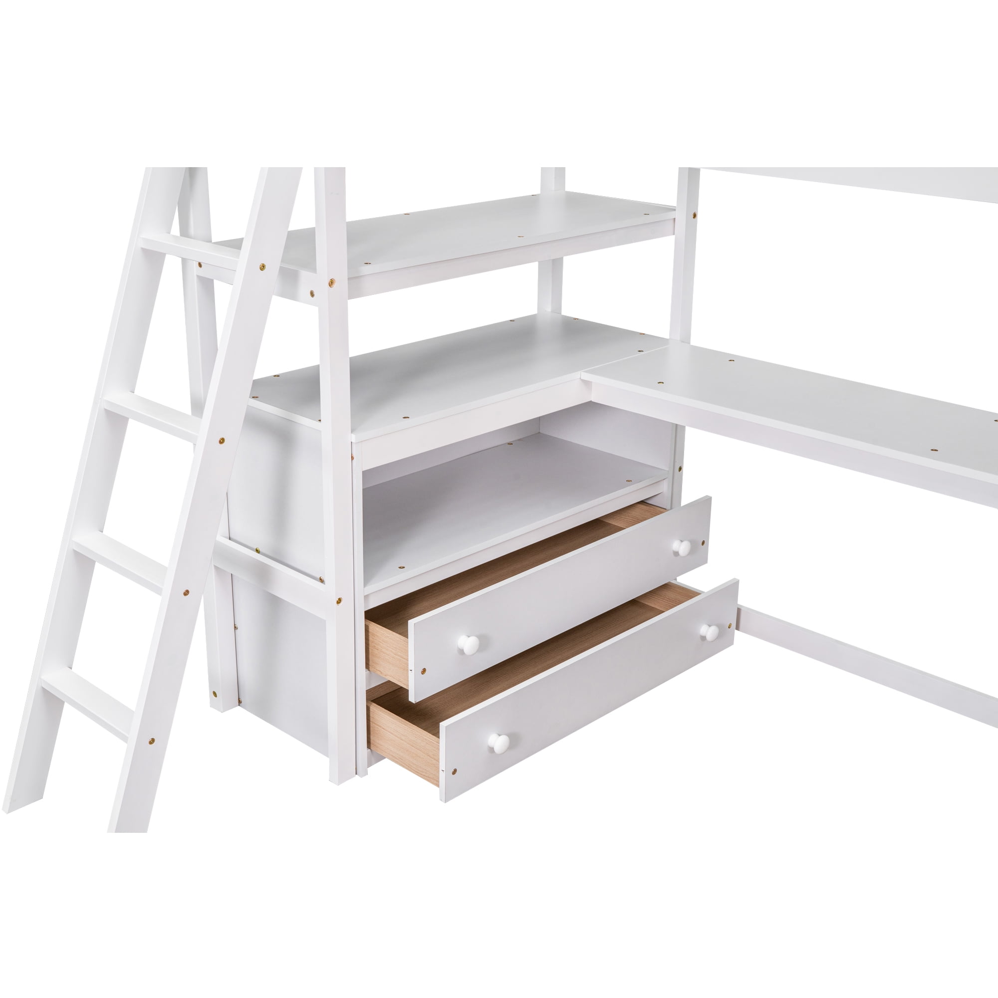 MAYEERTY Twin Size Loft Bed - Desk, Shelves & 2 Built-in Drawers, White