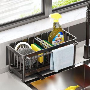 BEVTEE Dish Brush Holder with Towel Bar, Black