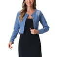 thumbnail image 1 of Unique Bargains Veste en Jean Sans Col à Boutons Manches Longues pour Femmes Bleu Clair TP, 1 of 6